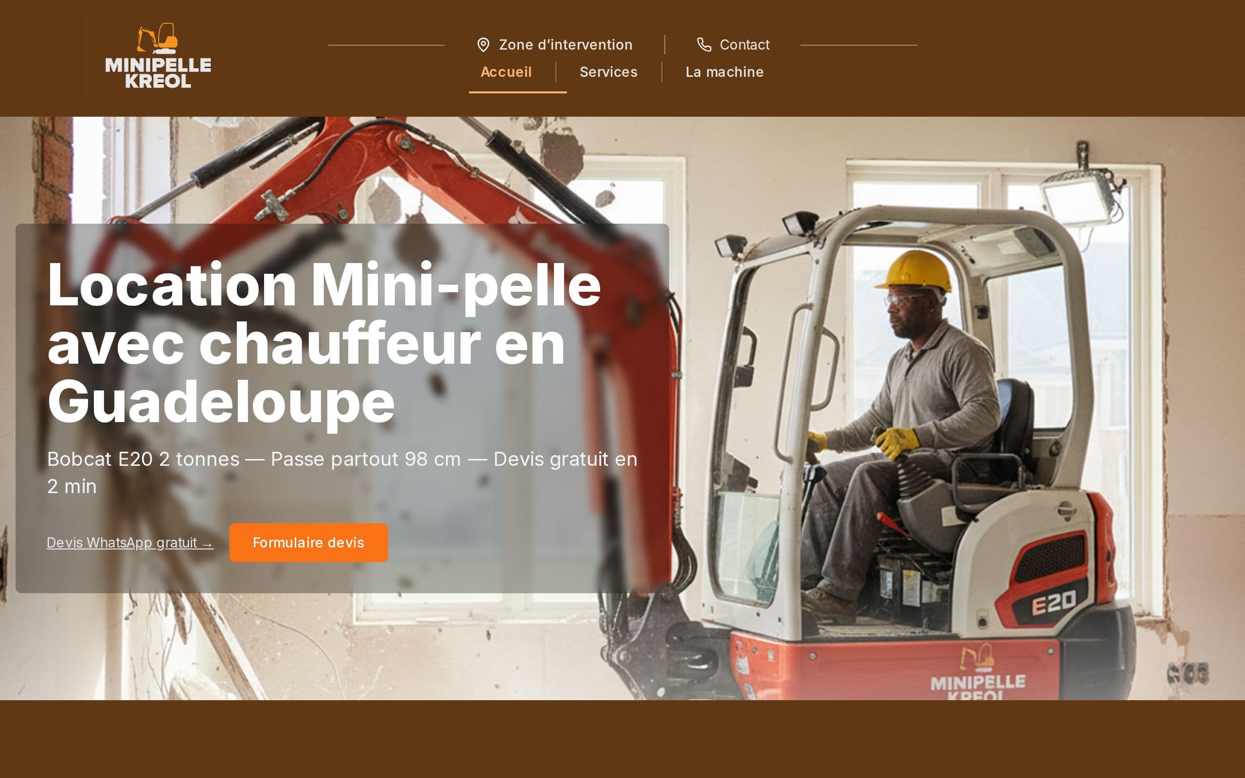 Page d'accueil du site Mini-Pelle Kreol